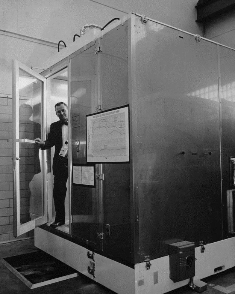 Willis Whitfield leaving an early clean room. Courtesy of Sandia National Laboratories