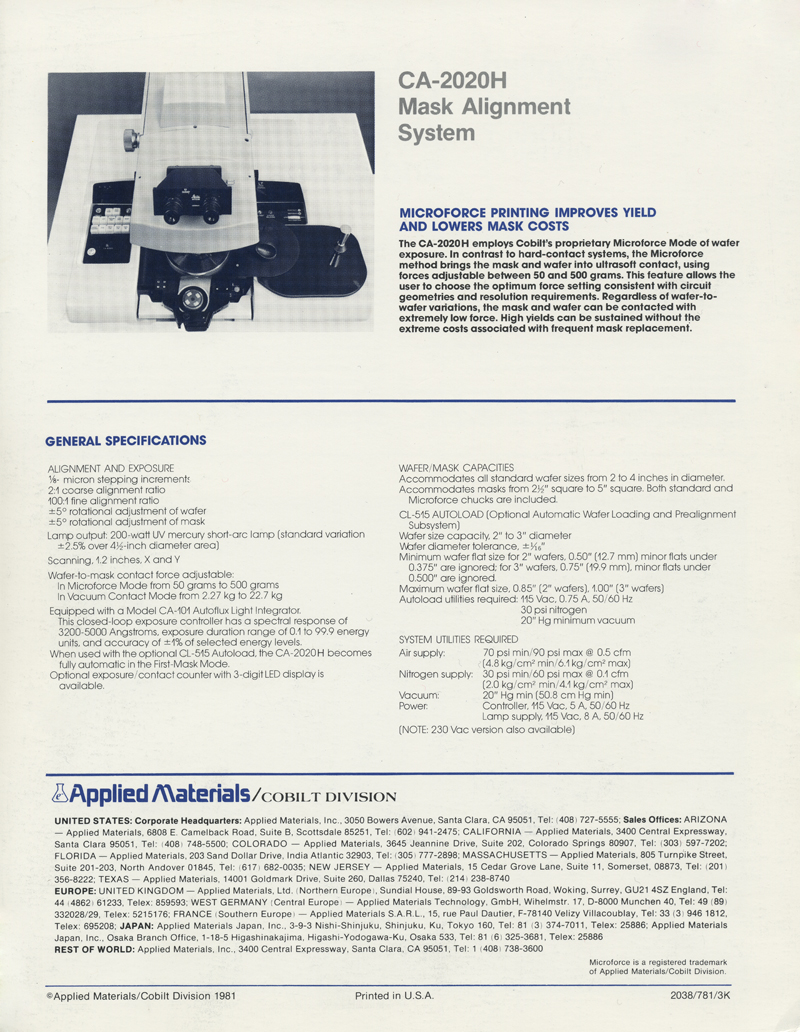 Applied Materials - CA-2020H Mask Aligner :1980-84