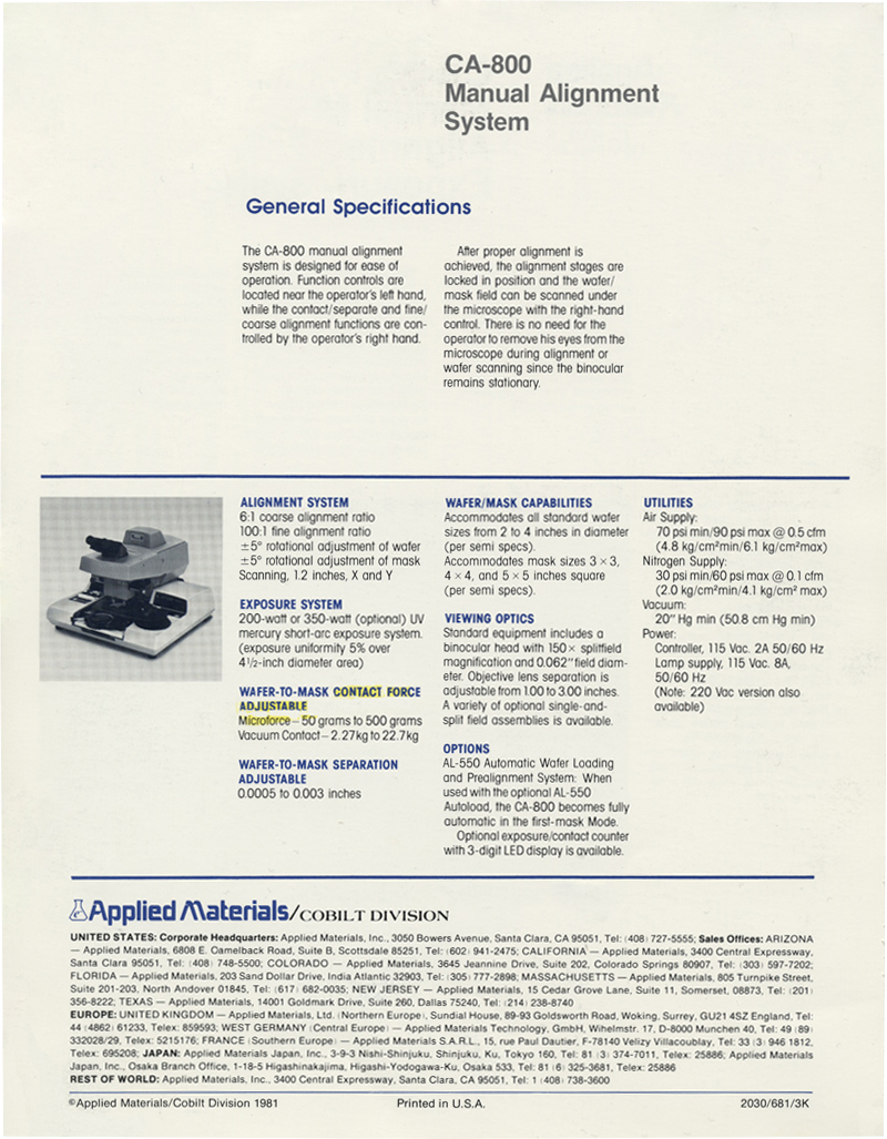 Applied Materials - CA-800 Mask Aligner and Exposure System