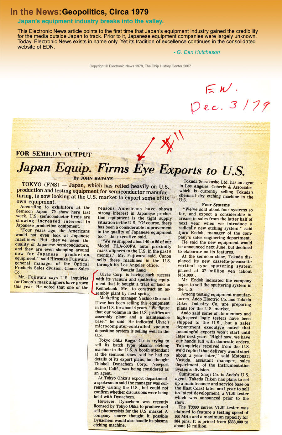 Geopolitics, Circa 1979 - Japan's equipment industry breaks into the valley