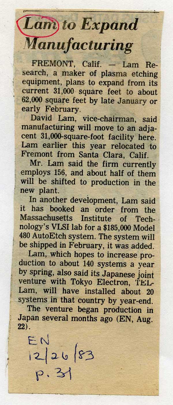 Lam Research Corporation to expand Manufacturing