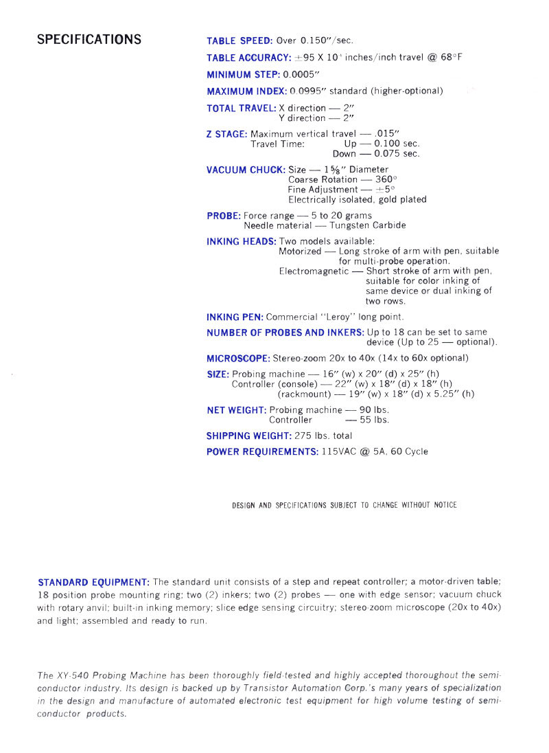 Transistor Automation -Model XY540 Automatic Wafer Probing Machine