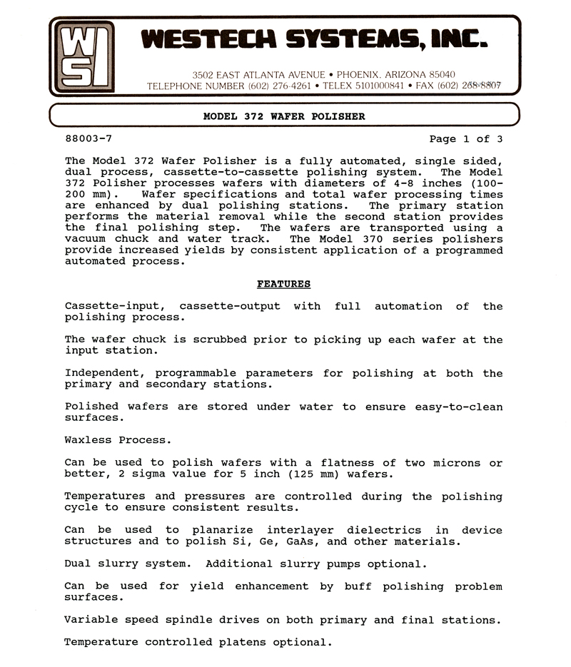 Westech - Model 372 Wafer Polisher