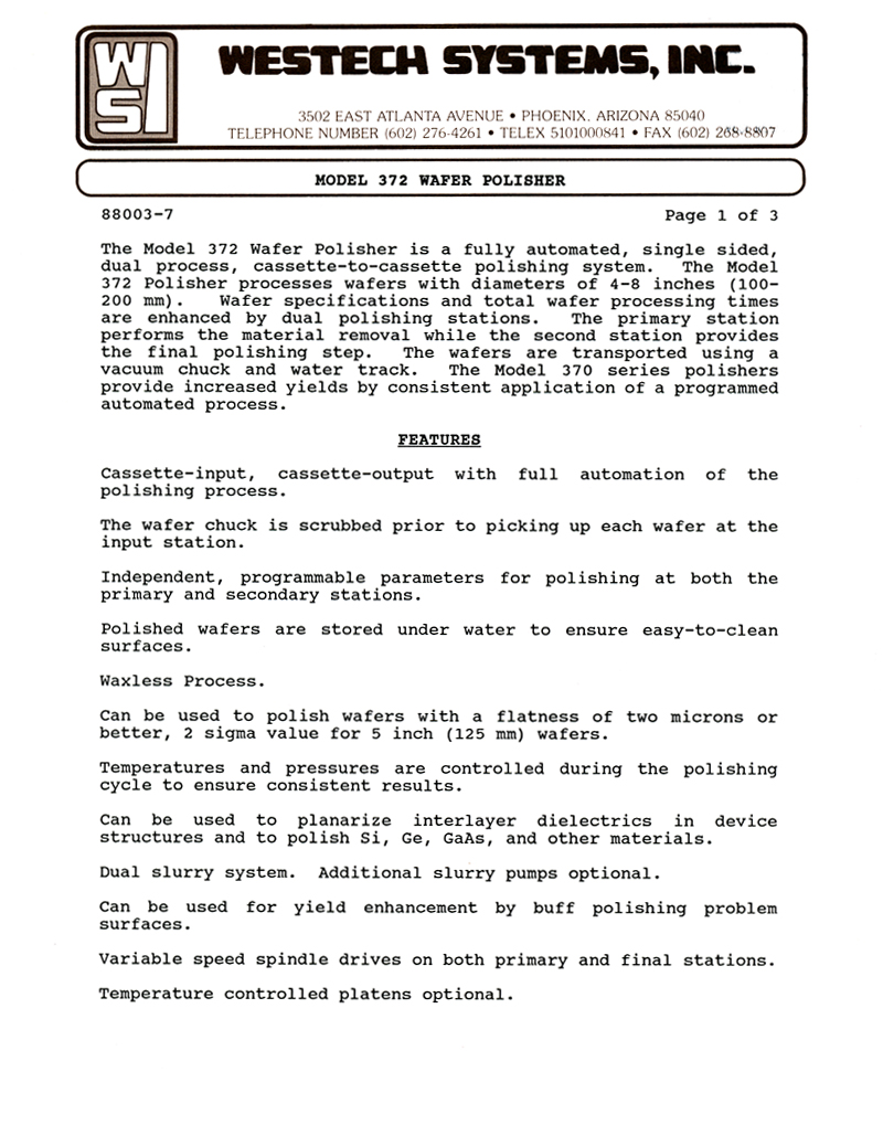 Westech - Model 372 Wafer Polisher